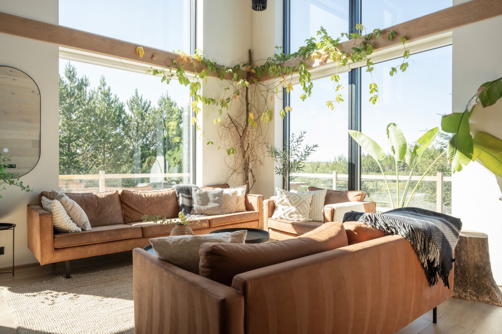 The double height living room, tan leather sofas below two storeys of glass