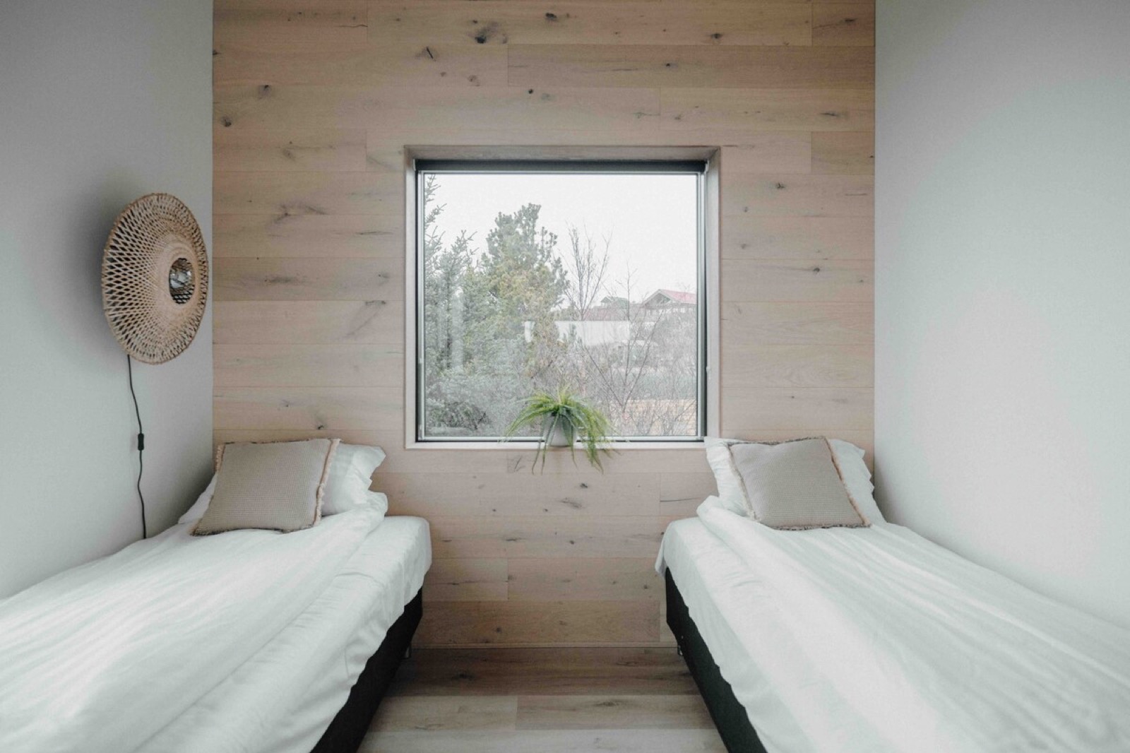 A twin room in pale timber, a window onto the trees between the beds